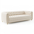 Canapé 3 places 220 cm en tissu écru capitonné style Chesterfield