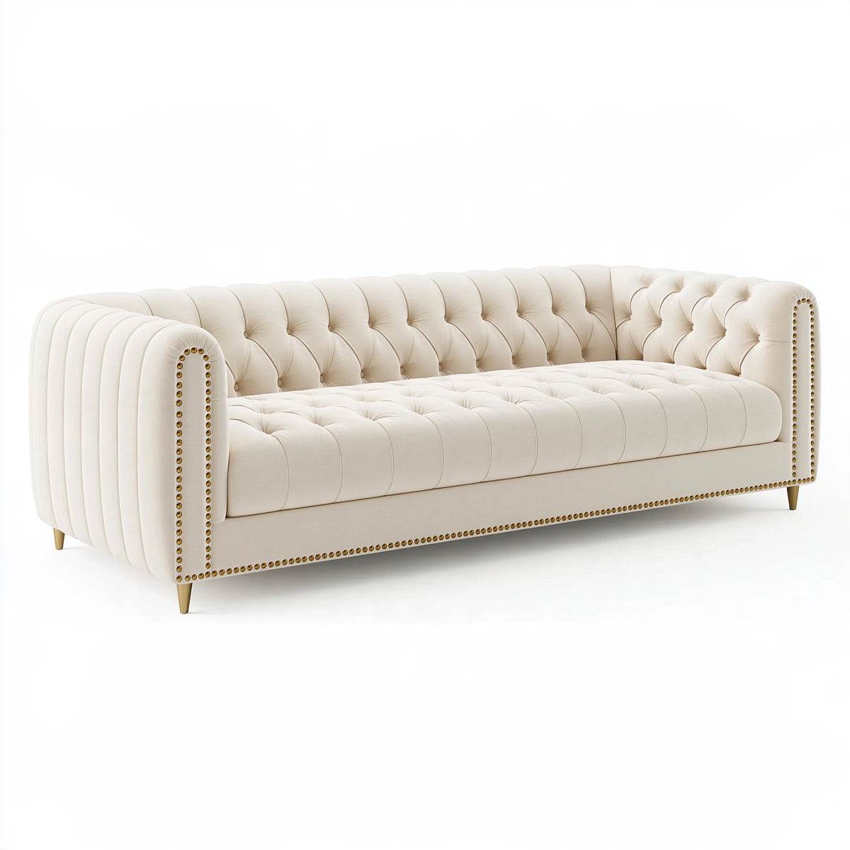Canapé 3 places 220 cm en tissu écru capitonné style Chesterfield
