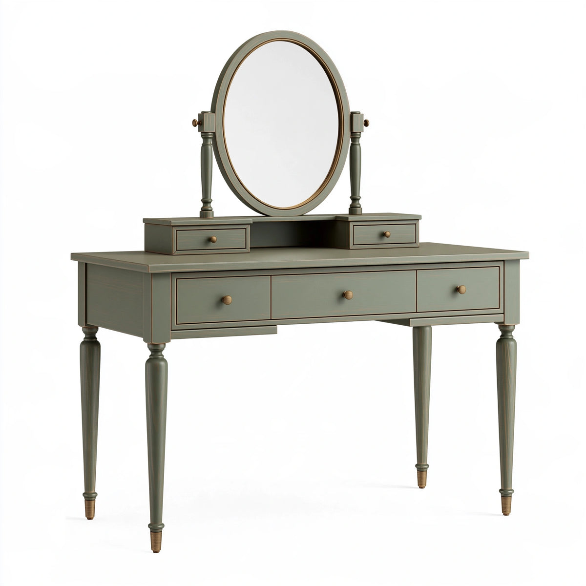 Coiffeuse 120 x 45 x 145 cm en bois vert sauge avec miroir pivotant et 5 tiroirs style classique