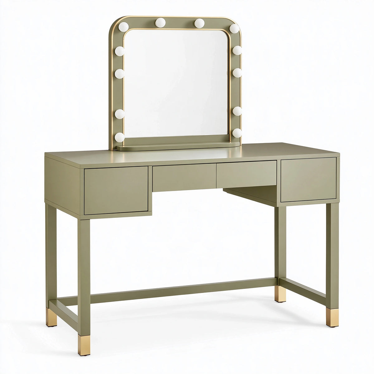 Coiffeuse 120 x 50 x 145 cm en panneaux de bois vert sauge avec miroir lumineux style moderne
