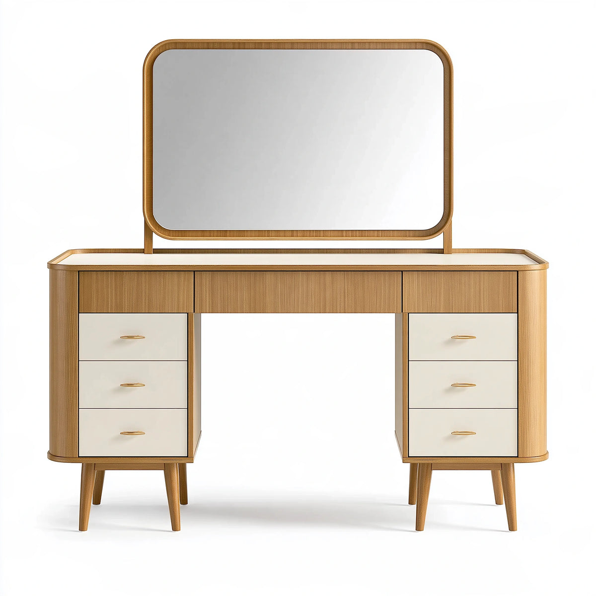 Coiffeuse 120 x 45 x 150 cm en bois beige avec miroir et 6 tiroirs style vintage