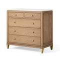 Commode 100 x 45 x 120 cm en bois beige avec plateau blanc effet marbre et 5 tiroirs style classique