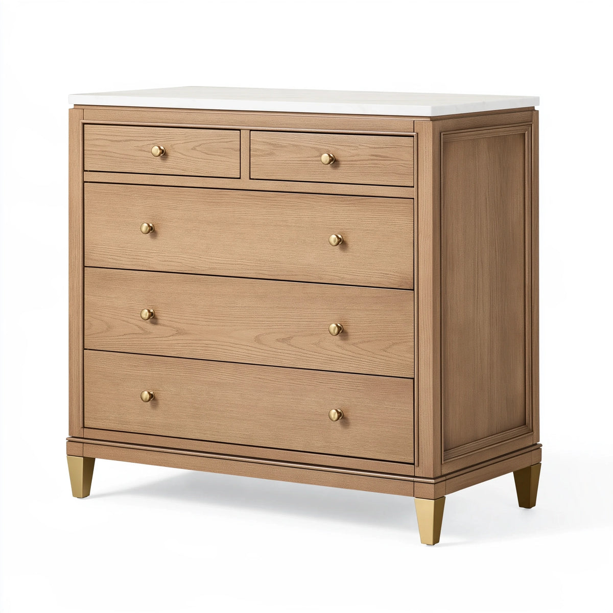 Commode 100 x 45 x 120 cm en bois beige avec plateau blanc effet marbre et 5 tiroirs style classique