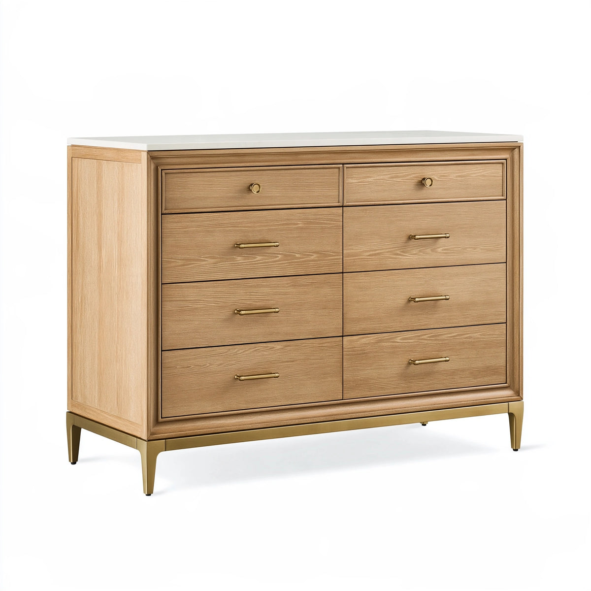 Commode 120 x 45 x 110 cm aspect chêne et blanc à 8 tiroirs style classique