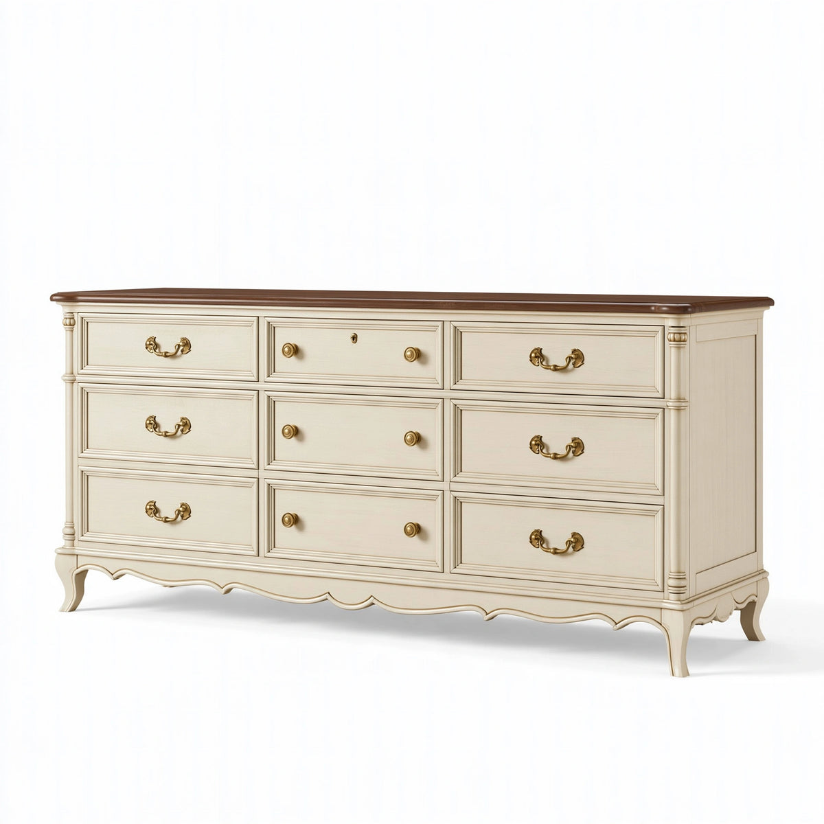 Commode 180 cm en bois crème et brun style classique à 9 tiroirs