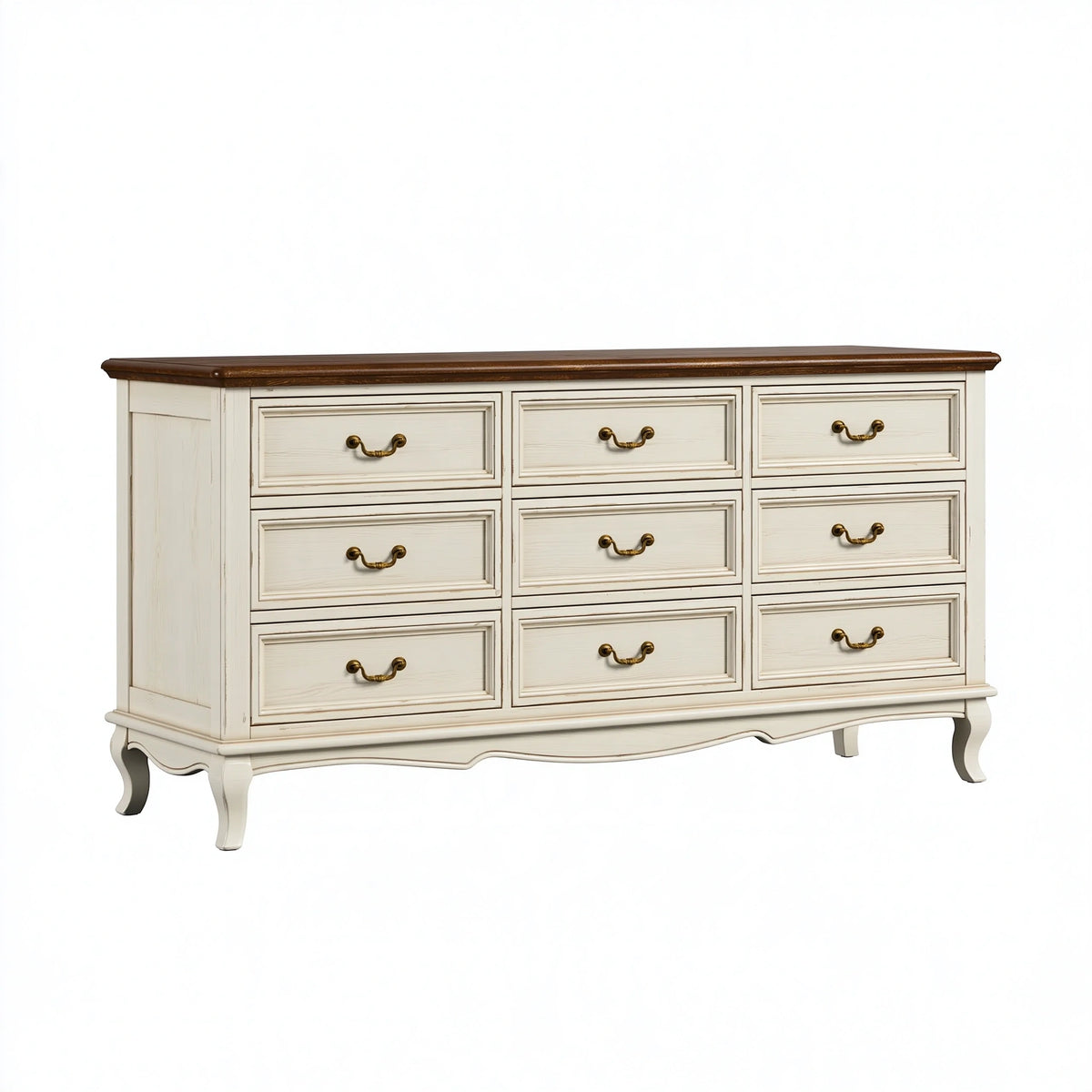 Commode 160 x 45 x 90 cm en bois blanc et marron à 9 tiroirs style classique