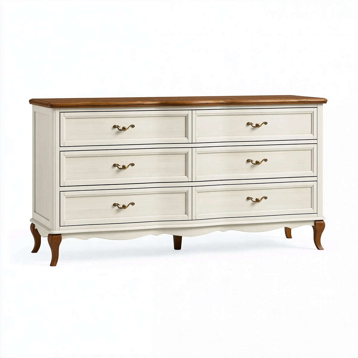 Commode 150 x 45 x 90 cm en bois blanc et marron à 6 tiroirs style classique