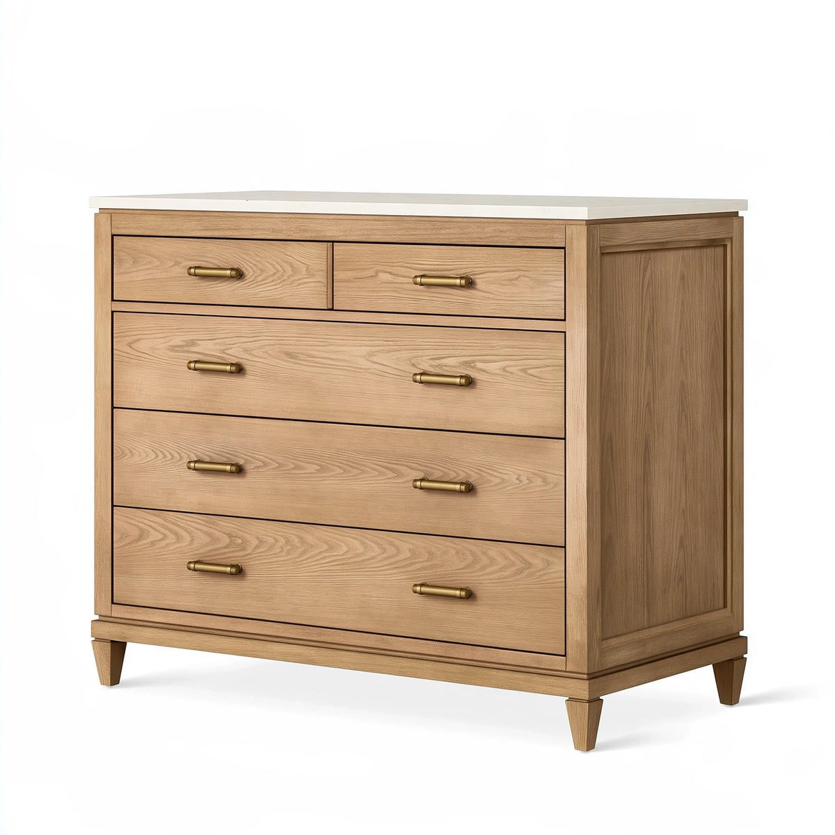 Commode 120 x 45 x 100 cm en bois marron avec plateau blanc et 5 tiroirs style classique