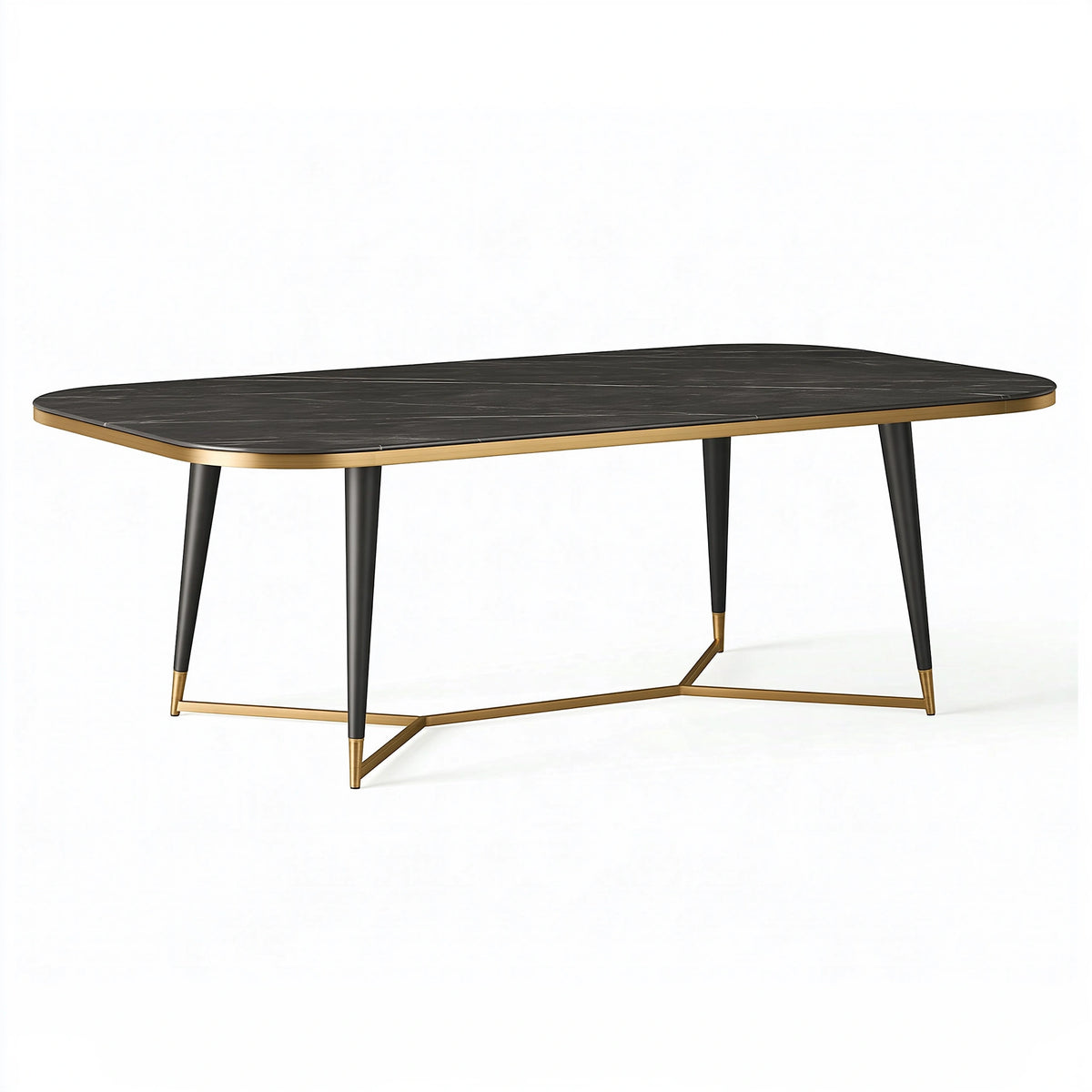Table à manger ovale 180 x 100 x 75 cm plateau effet marbre noir piètement métal doré style contemporain